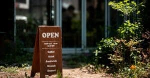 Wooden chalkboard sign reading 'OPEN' with cafe menu items (Coffee, Salad, Sandwich, Brunch, Dessert) outside a shop, surrounded by greenery.