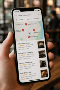 downloaded-image - Local SEO and Search Engine Marketing | FMS Online Marketing Smartphone displays a map showing nearby coffee shops with red pins and a search bar reading 'coffee shops near me'